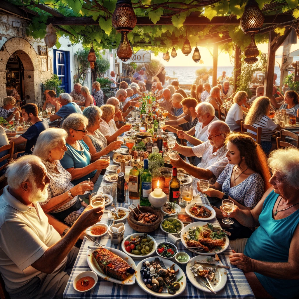 image showing DALL·E 2024 03 20 12.58.50 A lively scene at a traditional Greek taverna in Rhodes with locals and visitors enjoying a meal together under a vine covered pergola. The table is